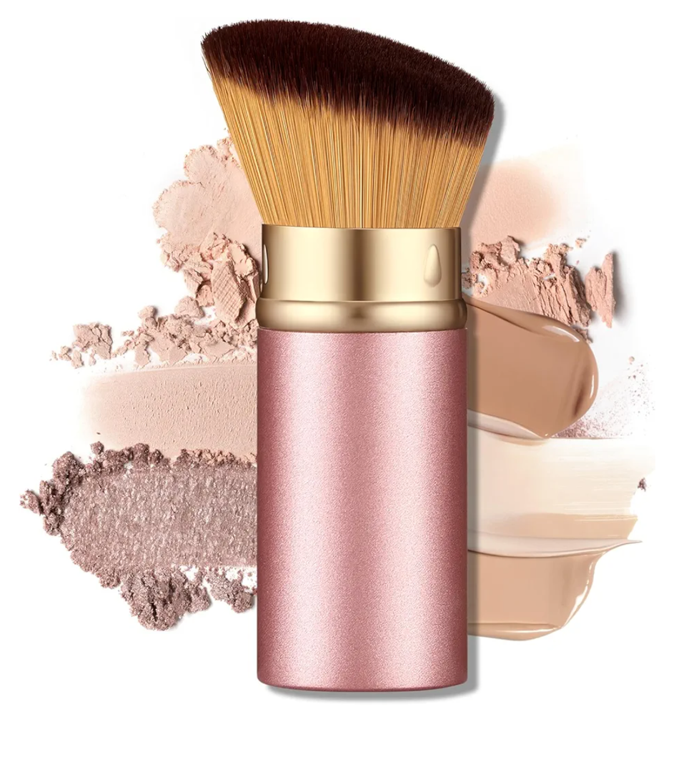 Retractable Kabuki Travel Makeup Brush, All-in-One Face Brush with Protective Cap, Ultra-Soft Dense Bristles for Powder, Blush, Foundation, Flawless On-the-Go Application(Rose Gold)