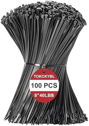TOKCKYBL 8 Inch Zip Ties (100 Pack) – Heavy Duty 40lbs Tensile Strength, UV Resistant Black Cable Ties for Indoor & Outdoor Use, Durable Nylon Wire Ties for Organizing Cables, Garden, Garage, and More