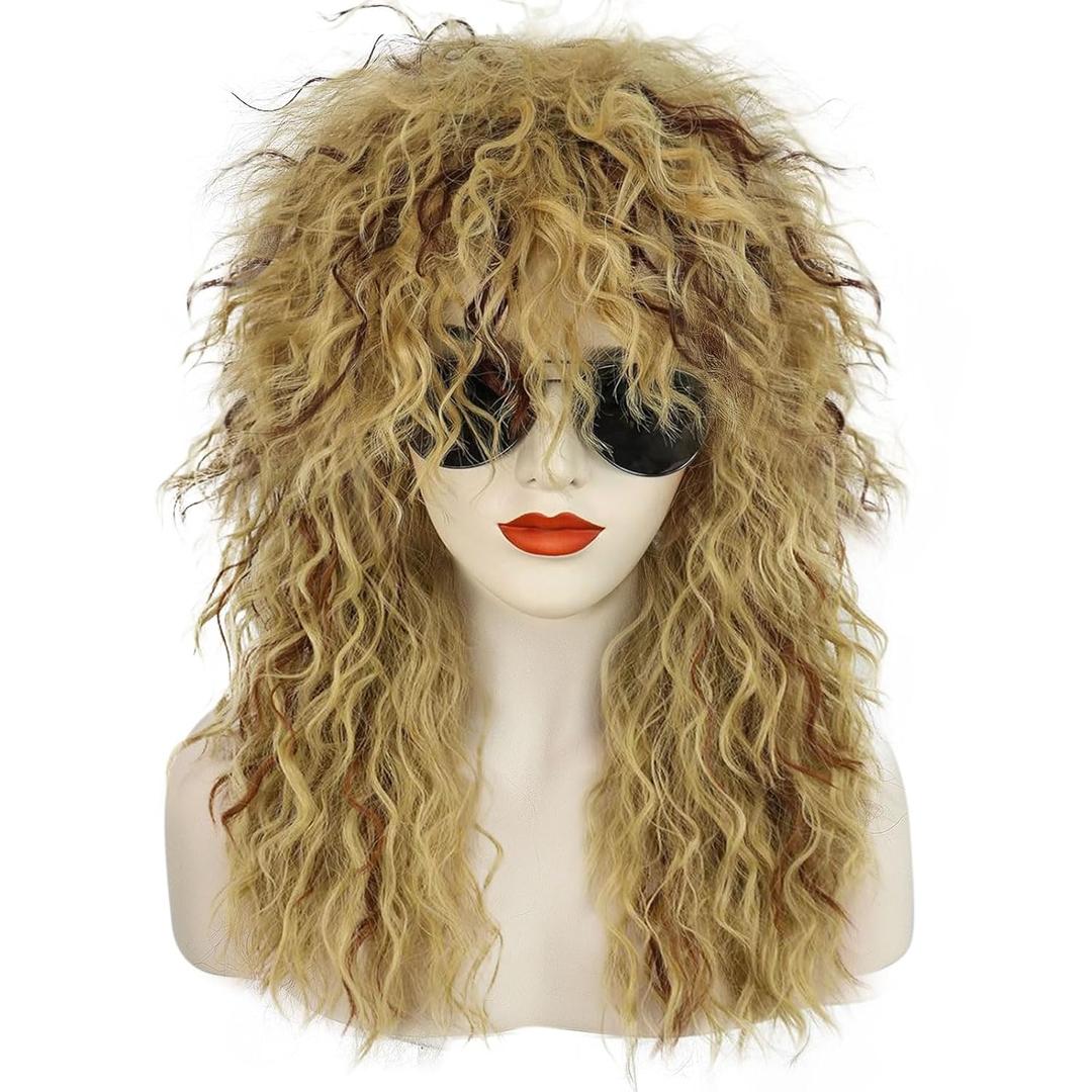ANOGOL Hair Cap+ Long Curly Blonde Mixed Brown Reddish Wig 70s 80s Mullet Wigs for Women Metal Hair 80s Punk Rock Wig Women Rocker Star Synthetic Wigs for Costume Cosplay Party Halloween Christmas