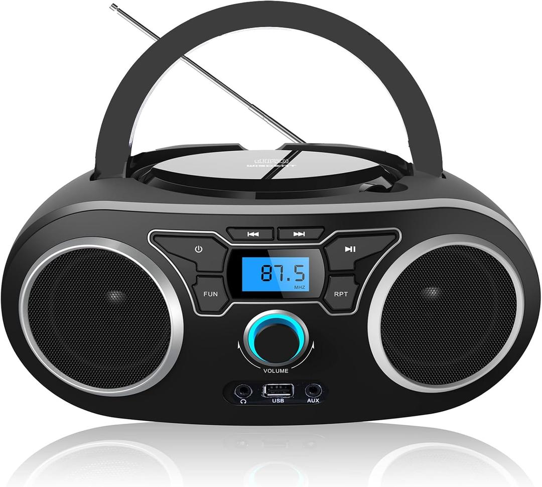 Portable CD Boombox with Bluetooth, FM Radio, USB Port, MP3-CD Compatible, AUX Input, Headphone Jack, Remote Control, Clear Stereo 4 Watts of Audio, AC/Battery Powered