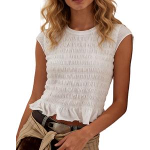 Smocked Tops for Women White Crewneck Cap Sleeve Top Tee Cotton Shirred Ruffle Crop Tank Tops Shirt (Large)