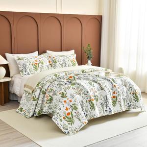 QSH Oversized King Quilt Bedding Set(128"x120"), 100% Cotton Floral Bedspread Set California King Extra Wide Yellow Flowers Leaves Plant Botanical Printed Quilt 3PCs Soft Lightweight Bedding Coverlet