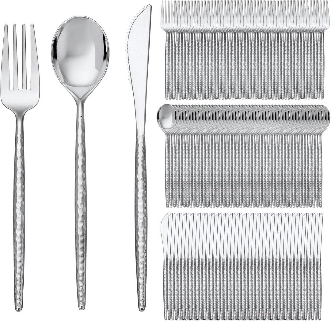 SUT 300PCS Silver Plastic Silverware, Disposable Utensils, plastic cutlery Set Includes 100 Knives, Forks and Spoons, Disposable Silverware for Party, Hammered Silverware Set