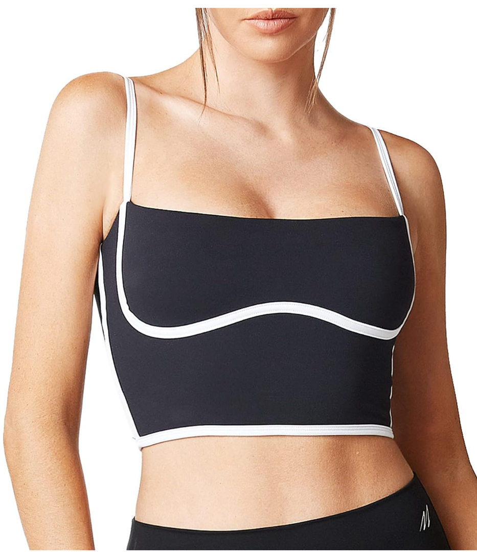 Move With You Sleeveless Spaghetti Strap Padded Sports Bra Tank Tops Square Neck Double Layer Workout Fitness Basic Crop Tops, Size S