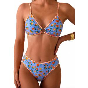 Tainehs Women's Two Piece Bikini Sets O Ring Front Top Ditsy Floral Triangle Swimsuits Cheeky Bathing Suit (Blue, M)