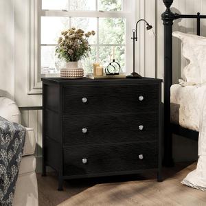 BOLUO Black Nightstand with Fabric Drawers, Large Night Stand 3 Drawer Dresser for Bedroom, Closet, Kids, Girls Modern, 15"D x 27"W x 28.3"H