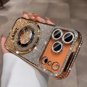SMARTFOX Magnetic Kickstand Case for iPhone 14 Pro with Glitter Lens Protector, Compatible with Magsafe, Luxury Bling Diamond Cover Glitter Rhinestone Phone Case Women (Gold, for iPhone 14 Pro 6.1")