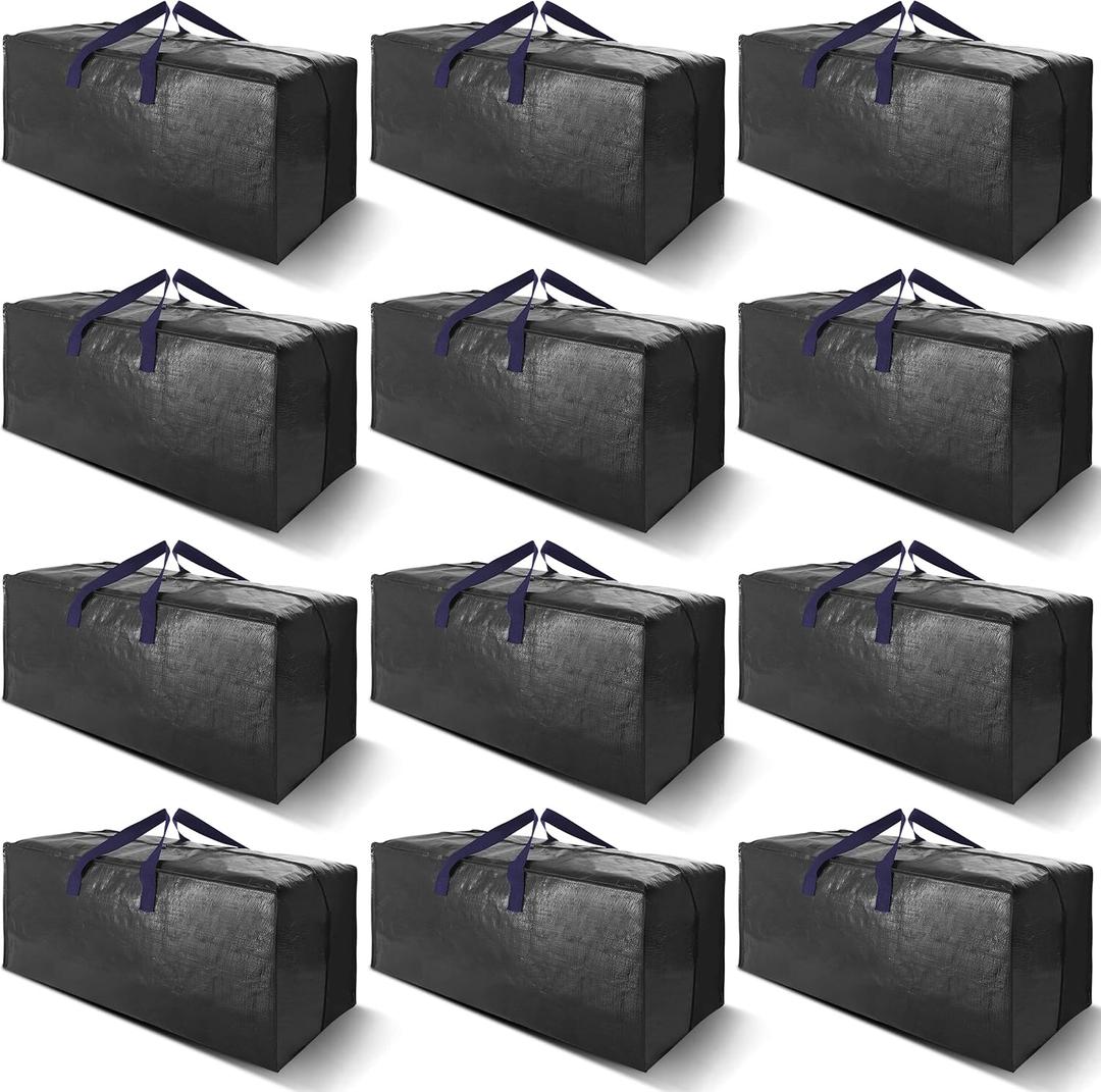 12 Pack Heavy Duty Extra Large Moving Bags W/Backpack Straps - Strong Handles & Zippers, Storage Totes For Space Saving, Fold Flat, Alternative to Moving Box and Storage Bin, Black
