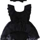 Baby Girl Romper Dress Ribbed Newborn Lace Boho Tutu Dresses Headband Baptism Photography Wedding Summer Outfit (3-6 Months,All Black)