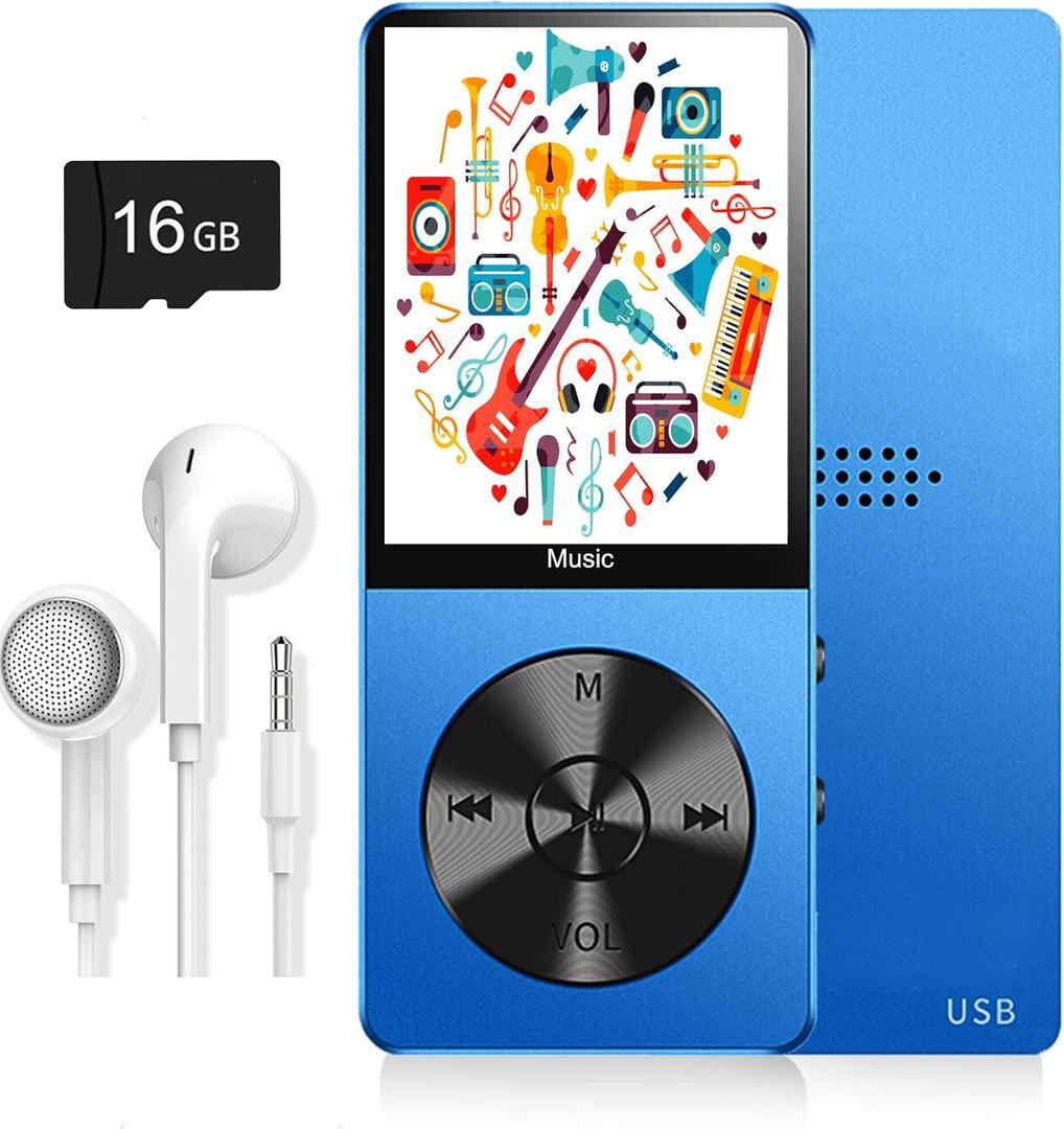 MP3 Player, Music Player with 16GB Micro SD Card, Build-in Speaker/Photo/Video Play/FM Radio/Voice Recorder/E-Book Reader, Supports up to 128GB