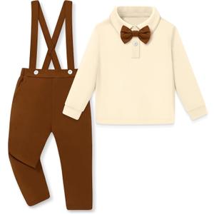 YALLET Toddler Baby Boy Clothes Polo Neck Long Sleeve Tops with Removable Bowtie + Overalls Fall Winter Outfits Set 1-5T (3-4T, Apricot/Brown)
