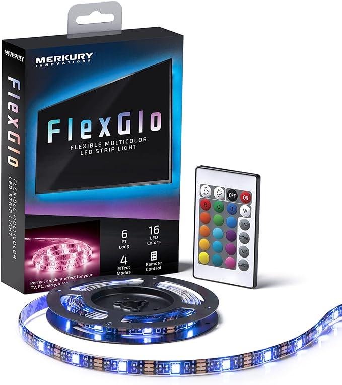 Merkury Innovations FlexGlo Flexible Multi-Colored LED Light Strip | USB Powered LED Light Strip | RGBW LED Party Lights with Adhesive Backing and Remote Control | 16 LED Colors | 4 Effect Modes |6 Ft 
Multicolor