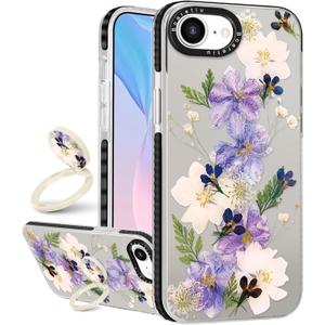 Boaretiu Cute Kawaii for iPhone 17e/16e Case with Stand - Fashion Cool 360 Rotate Ring Holder Kickstand Purple Flower Design for Women Girls Boys Teens Girly for iPhone 17e/16e Phone Case