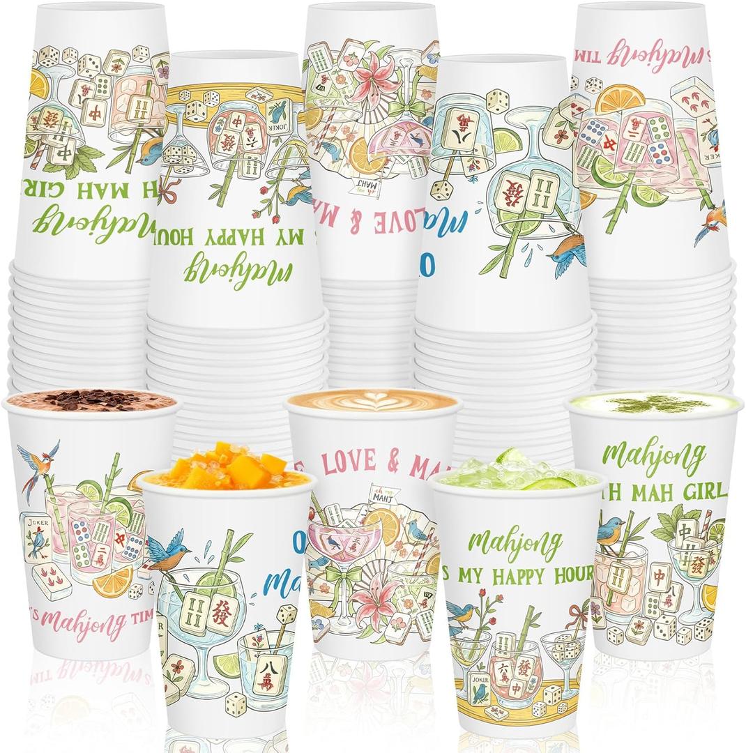 Tanlade 50 Pcs Mahjong Paper Cups Party Supplies Disposable 12oz Funny Mahjong Party Paper Cups for Mah Jong Game Night Decorations Birthday Night Game Club Mahjong-loving Gals Family Play Day