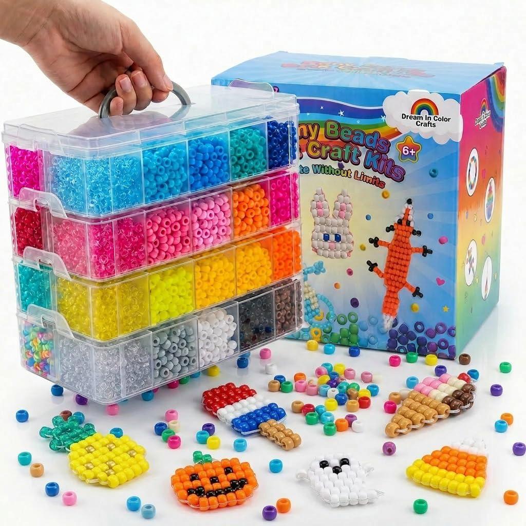 14000Pcs Pony Beads Kit, 40 Colors Rainbow Rave Kandi Beads for Bracelets with Neon Glow Beads Bulk for Hair Braiding DIY Friendship Jewelry Making Craft Kits (Shock Resistant Stackable Box, 9.2lb)