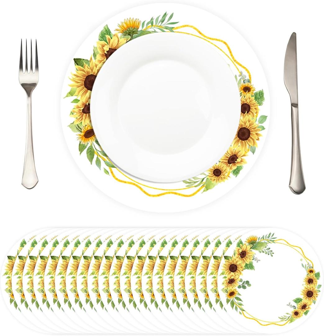 50 Pcs 13 Inch Sunflower Circular Disposable Placemats Floral Place Mats for Wedding Paper Charger Plates for Dinner Birthday Party (Yellow & Green)