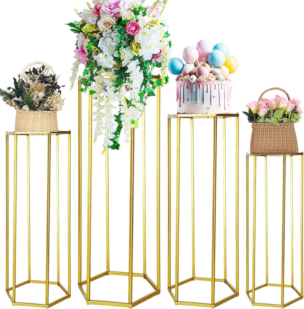 Zonon 4 Pcs Wedding Flower Stand Metal Flower Floor Vase Tall Gold Flower Holder Column Vases Rack Display for Wedding Celebration Events Home Decor Birthday Party, 16, 24, 32, 39 in Tall(Gold)