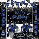 Black and Blue Birthday Decorations, 37 PCS Blue Silver Party Decorations for Boys Men Women Girls, Balloon Supplies with Happy Birthday Backdrop Banner Tablecloth Confetti Balloons Arch