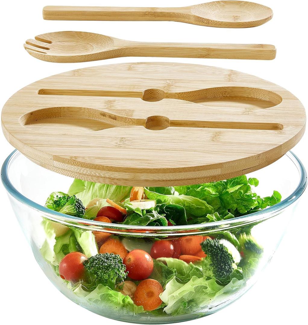 Glass Salad Bowl With Lid, 4.7 Quart Large Glass Mixing Bowls Serving Bowls With Bamboo Utensils, 10.7Inch Trifle Bowl for Salad, Pasta, Dessert Display Cake, Microwave Safe