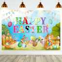 Happy Easter Photo Backdrop, Watercolor Easter Wall Decoration for Photography, Spring Bunny Banner with Colorful Egg Flowers Balloons for Party Decor & Supplies, 7143''