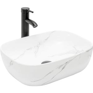 Bathroom Vessel Sink 18'' x 12.6'' Ceramic Porcelain Bathroom Sink Above Counter Basin Washing Bowl with Faucet Pop up Drain Combo, Marble Rectangle