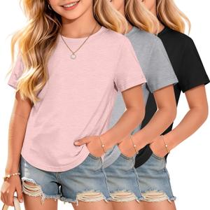 3 Pack Girls Short Sleeve Cute Shirts | Kids Tees, 5-14 Years, Plain, Loose Fit, Multipack, Soft, Crew Neck, Teen, School, Summer, Casual, Athletic, Kindergarten
