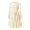 Little Bitty Girls Textured A-Line Swiss Dot Dress, Tulle Long Sleeve Ribbed Knit Crew Neck Midi Dress with Pockets Beige 8-9Y