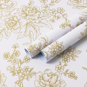 Safiyya Peel and Stick Wallpaper Gold and White Contact Paper Floral Removable Wallpaper Peel and Stick Contact Paper for Walls Vinyl Roll 118"x17.3"