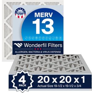 20x20x1 MERV 13 Air Filter (4-Pack) | Wonderfil Filters | Pleated HVAC Design | Perfect Fit for AC & Furnace Systems | Actual Size: 19.5" x 19.5" x 0.75"