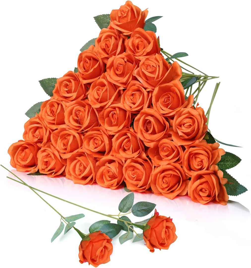 30pcs Fake Roses Artificial Silk Flowers Long Stems Bouquet for Wedding Bridal Shower Party Home Decoration (Orange)