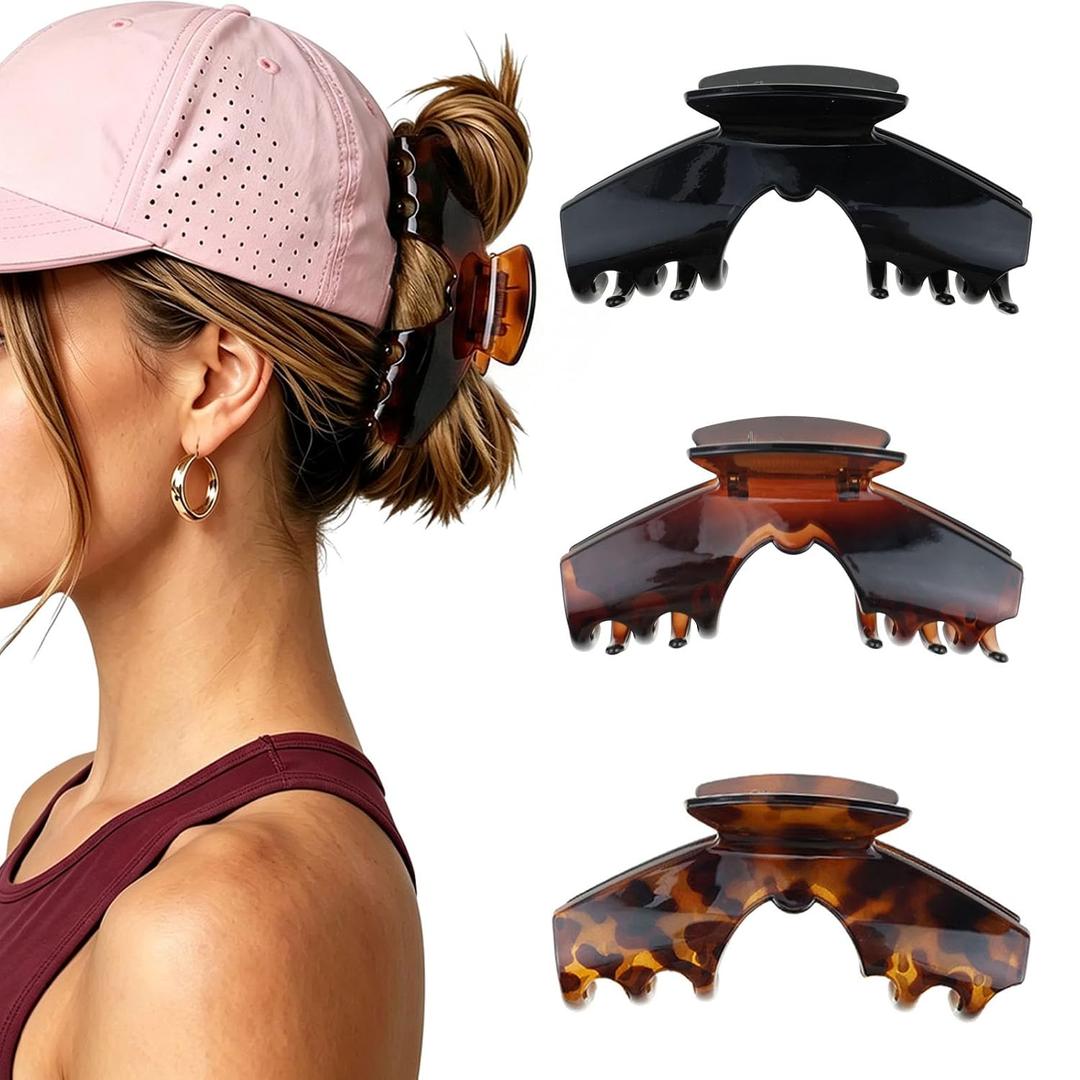 2 x 3 Pcs Large Trucker Hair Claw Clip for Hat, Baseball Claw Clips for Women, Acetate Tortoise Shell Non-Slip Strong Hold Hat Hair Clips, Claw Clips for Thick Hair Hat Hairstyles, Gifts Hair Accessories