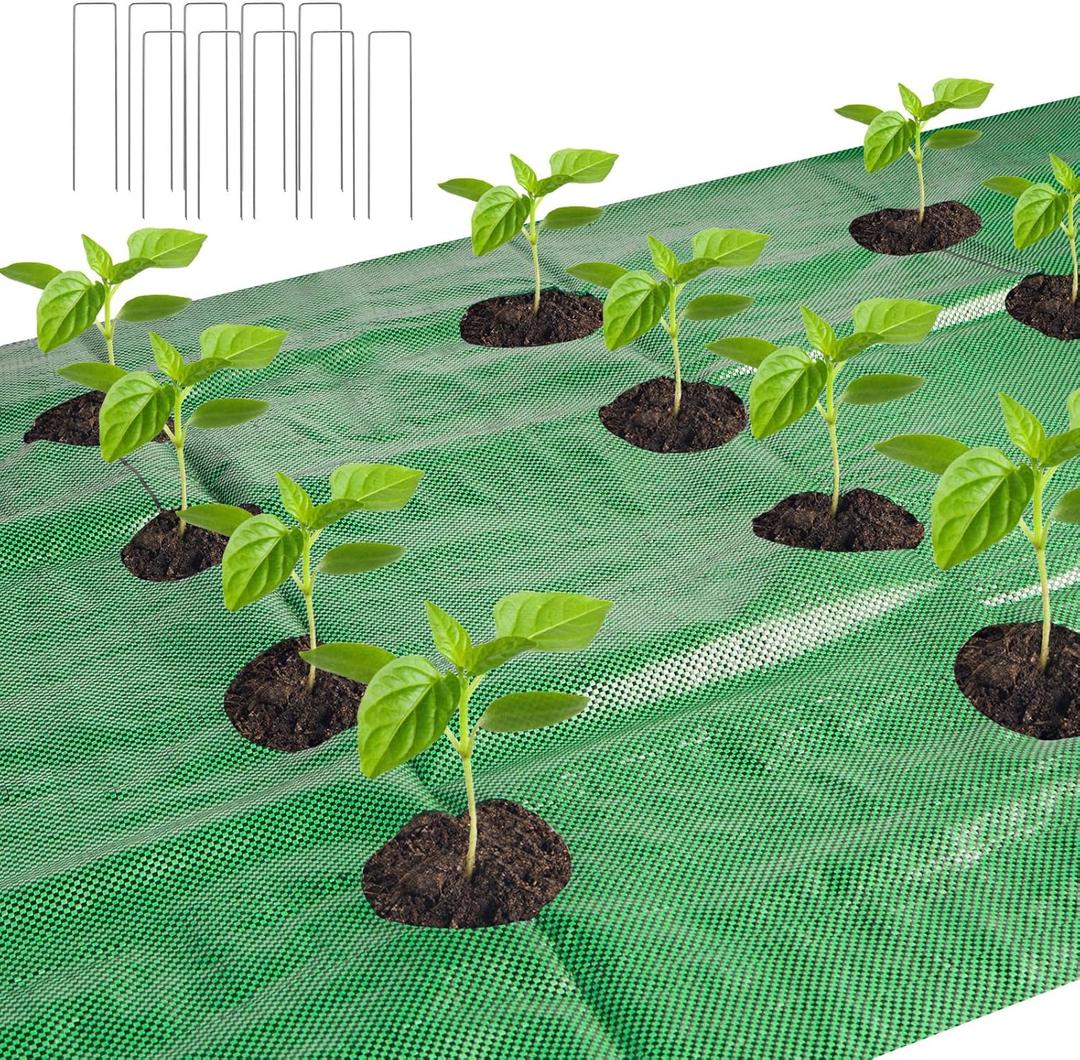 33 x 3.3 Ft Weed Barrier Landscape Fabric with Planting Holes, Heavy Duty Garden Weed Barrier Fabric, Ground Cover Weed Barrier Weed Cloth with 10 U-Shaped Ground Nail For Garden Weed Control (Green)