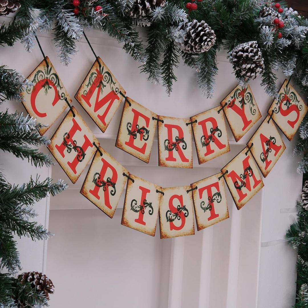 Vintage Merry Christmas Banner Retro Wood Xmas Banners Pre-Assembled Celebration Hanging Decoration for Indoor Home Mantle Fireplace Farmhouse (Red Green)