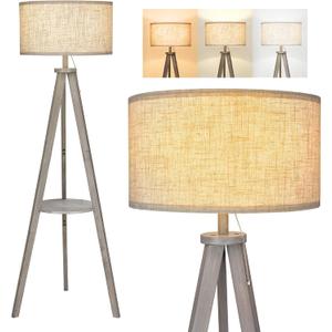ELYONA Tripod Floor Lamp with 3 Color Temperatures LED Blub, Wood Floor Lamp with Table - Farmhouse Tall Reading Standing Light for Living Room, Bedroom, Office, Study Room, Pull Chain Controls, Grey