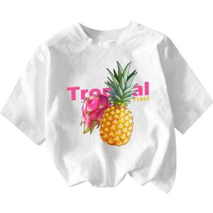 Girl's Drop Shoulder Letter Star Print Tee Tops Loose Short Sleeve Crew Neck T Shirts (White)