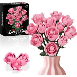 Pink Rose Building Flower Bouquet Set for Adults, Compatible with Lego Flowers, Artificial Plant Home Decor, Creative DIY Building Toys, Romantic Gifts for Mother's Day Her Birthday Valentine's Day