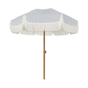 AMMSUN 7ft Patio Umbrella with Fringe Outdoor Tassel Umbrella UPF50+ Premium Steel Pole and Ribs Push Button Tilt, Navy Blue Stripes