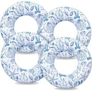 4 Pcs 31.5 Inches Inflatable Pool Floats Blue Coastal and Bows Pool Tubes Durable Swim Rings for Summer Interactive Water Play Accessories Beach Swimming Party Supplies for Adults