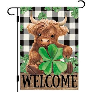 DLZDN Welcome St Patricks Day Highland Cow Garden Flag 1218 Inch Double Side Vertical Burlap Farmhouse Yard Sign Spring Holiday Outdoor Decoration