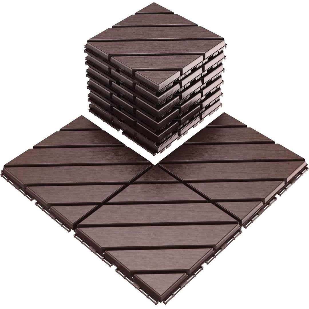 VANCASTLE 9 Pack Interlocking Deck Tiles, 12"x12" Patio Pavers, Heavy Duty Plastic Outdoor Flooring with Drainage, Waterproof Non-Slip Snap-Together Tiles for Balcony, Poolside, Garage, Dark Brown