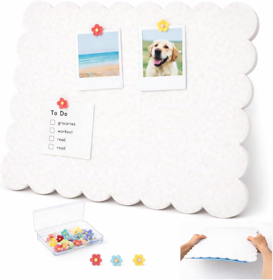 Scalloped Felt Bulletin Board 24x18 in, Thick PET Felt Pin Board, Heat-Pressed Flat, Self-Adhesive Mount, Push Pin Friendly Photo/Card Display for Home, Office, Crafts, Planning, Jewelry (Oatmeal)