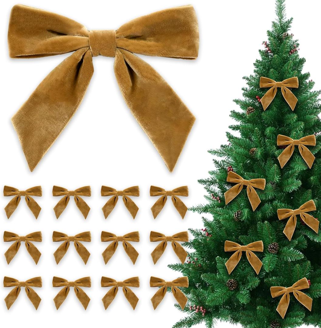 12 Pcs Christmas Velvet Bows 6 x 6 Inch Xmas Velvet Ribbon Bows Vintage Christmas Twist Tie Bows for Christmas Home Garland Wreath Gift Wrapping Decorations (Khaki, Width of 1.57")