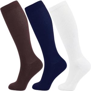 +MD Compression Socks for Women Men, 3 Pairs 15-20mmHg Knee High Support Cushion Socks for Pregnant Nurses Travel (Medium, Brown/ Navy/ White)