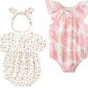 Baby Girl Bodysuit and Headband Outfit Cotton Ruffle Sleeveless Baby Clothes (0-3 Months, Pink Flowers)