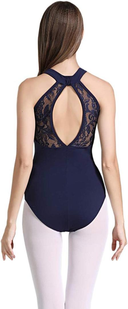 Limiles Women's Halter Neck Bodysuit Keyhole Back Gymnastic Ballet Dance Leotard Tops Dancewear Costumes (Navy Blue, S)