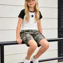 Girls Summer Outfits 2-Piece Clothes Color Block Print Short Sleeve Top and Camo Short Sets Teen Girl Clothes 6-16Y (6-7 Years, Black)