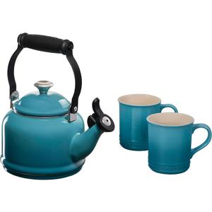 Le Creuset Enamel On Steel Demi Kettle with Metal Finishes & Stoneware Set of 2 Mugs, 1.25 qt. Kettle & (2) 14 oz. Mugs, Caribbean