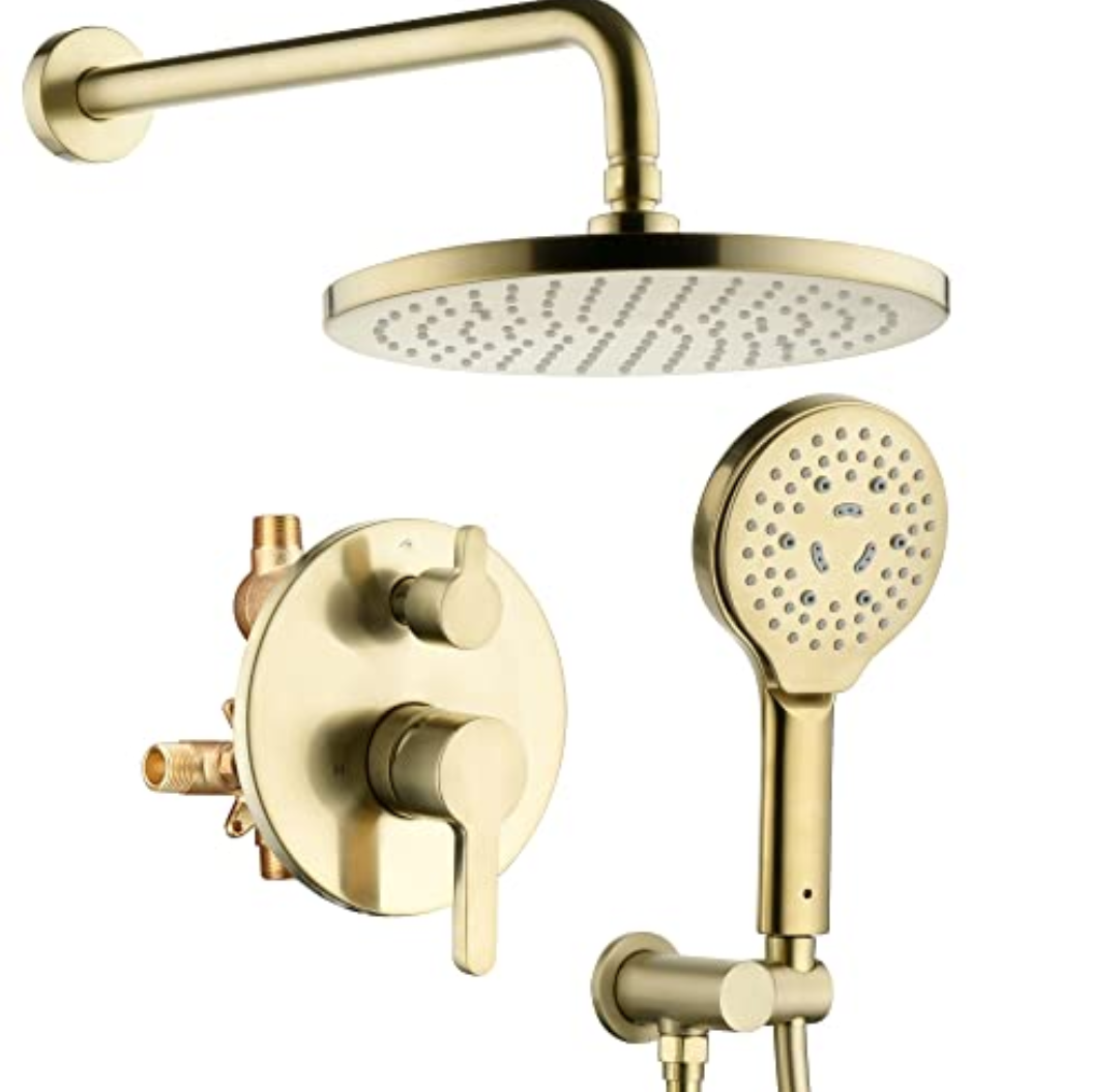 Lavatrum Brushed Gold Shower Faucet Set, Wall Mount Rain Shower System 10 Inches, and Handheld Shower Included Rough-in Valve and Trim Kit