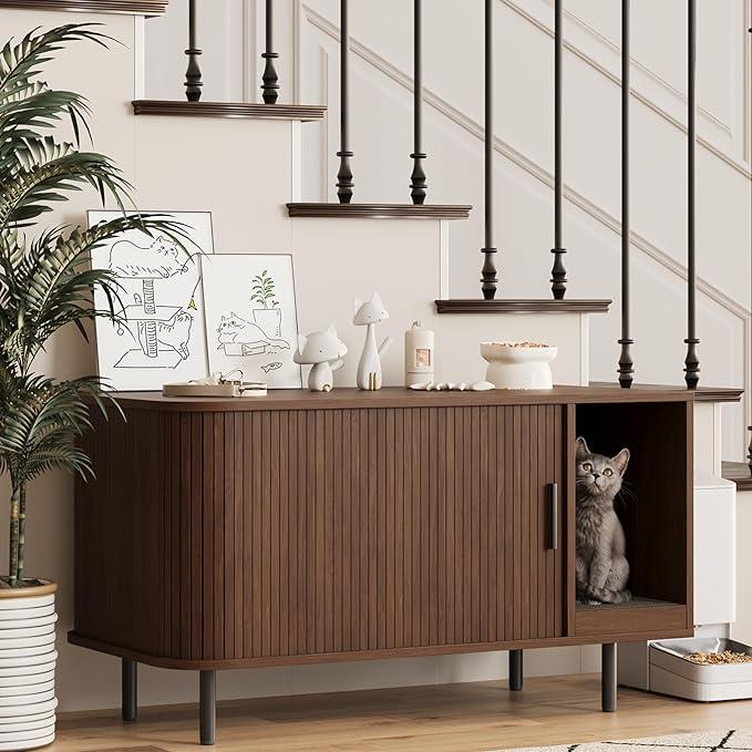 Cat Litter Box Enclosure with Cat Scratch Pad, Sliding Door, 37.4" Litter Box Enclosure Furniture Hidden Litter Box, Modern Indoor Cat House, TV Stand, Side End Table for Living Room, Walnut