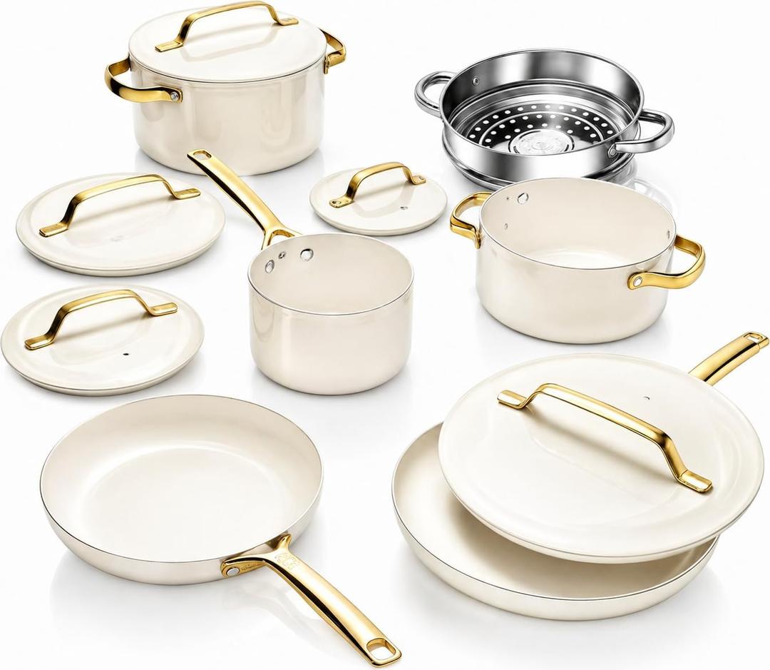 Gotham Steel Modern 11 Pc Ceramic Cookware Set, Elegantly Designed Pots and Pans Set Non Stick with Steamer, Induction Bottom, Premium Stay Cool Handles, Non Toxic PFOA Free, Oven & Dishwasher Safe (L)